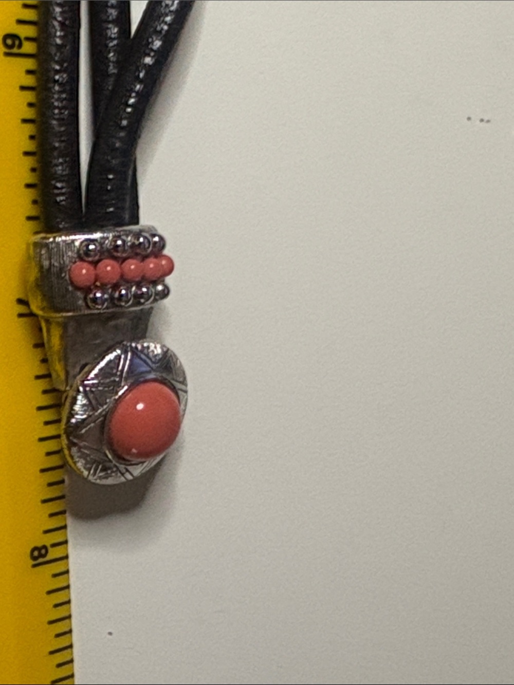 Black Leather Bracelet with Coral Accent and Silver-Tone Detailing - Picture 7 of 7